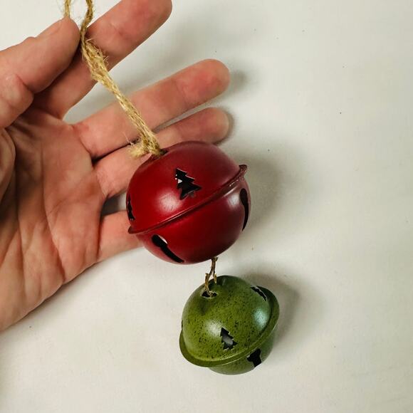 Primitive Farmhouse Christmas Red & Green Double Stacked Rustic Bell Ornament - Picture 1 of 6